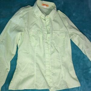 Green and white striped button down shirt